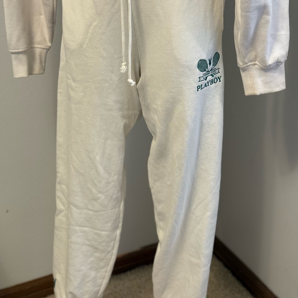 PLAYBOY White Sweatpants with Tennis Club Teal Logo NWOT